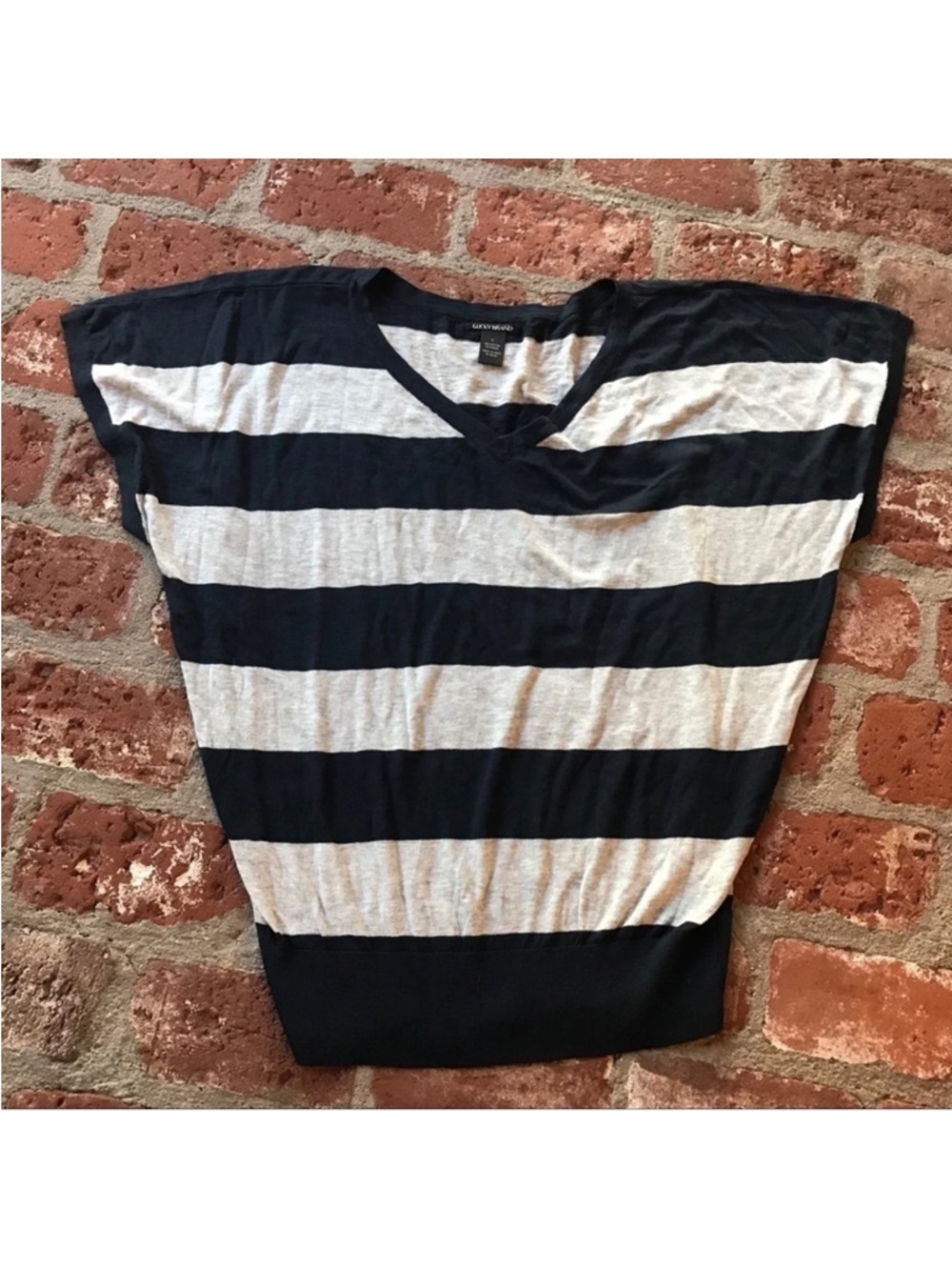Vintage 90s Lucky Brand  L oversized navy blue white striped short sleeve shirt